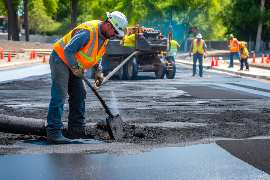 Male worker lays asphalt road repair road paving. A man in overalls is laying asphalt with a shovel